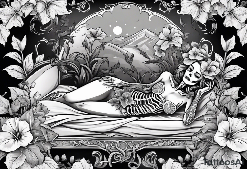 a  female skeleton laying in a bed of hibiscus flower. tattoo idea