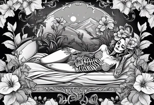 a  female skeleton laying in a bed of hibiscus flower. tattoo idea