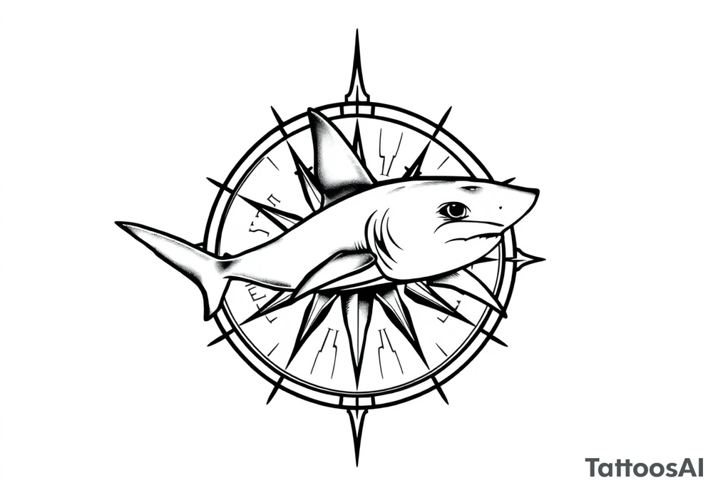 "A detailed black and grey tattoo design combining the top-down view of a shark with a compass. The shark should appear as if swimming across or emerging from the compass. The compass has intricate, sharp-edged needles and classic directional markings (N, S, E, W). The style is realistic with fine linework and light dot shading, suitable for forearm or upper arm placement. Bold yet elegant composition with oceanic and navigational symbolism." tattoo idea