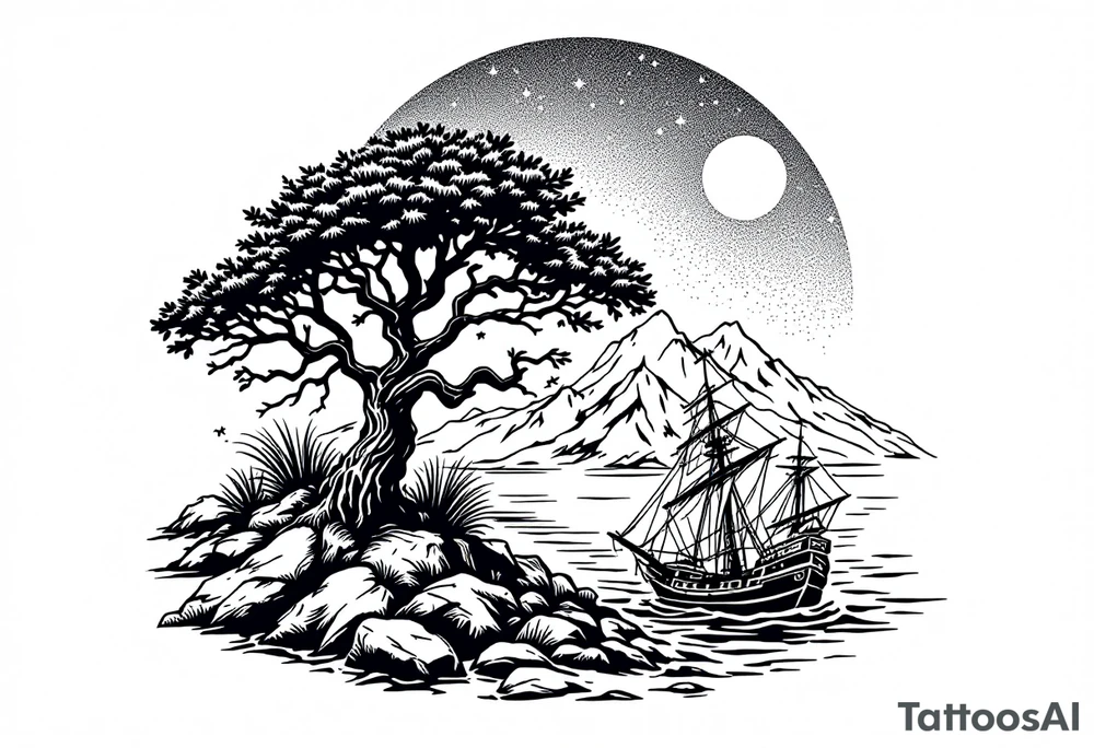 tattoo that has an acacia tree with mountains, ocean with a ship wreck and the northern star tattoo idea