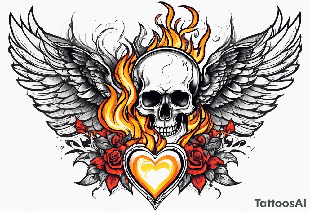 skull with a gun dominated by a  heart with wings and  flames coming out of the top of it tattoo idea