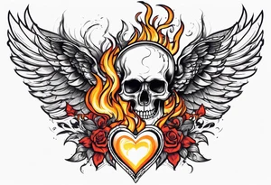 skull with a gun dominated by a  heart with wings and  flames coming out of the top of it tattoo idea
