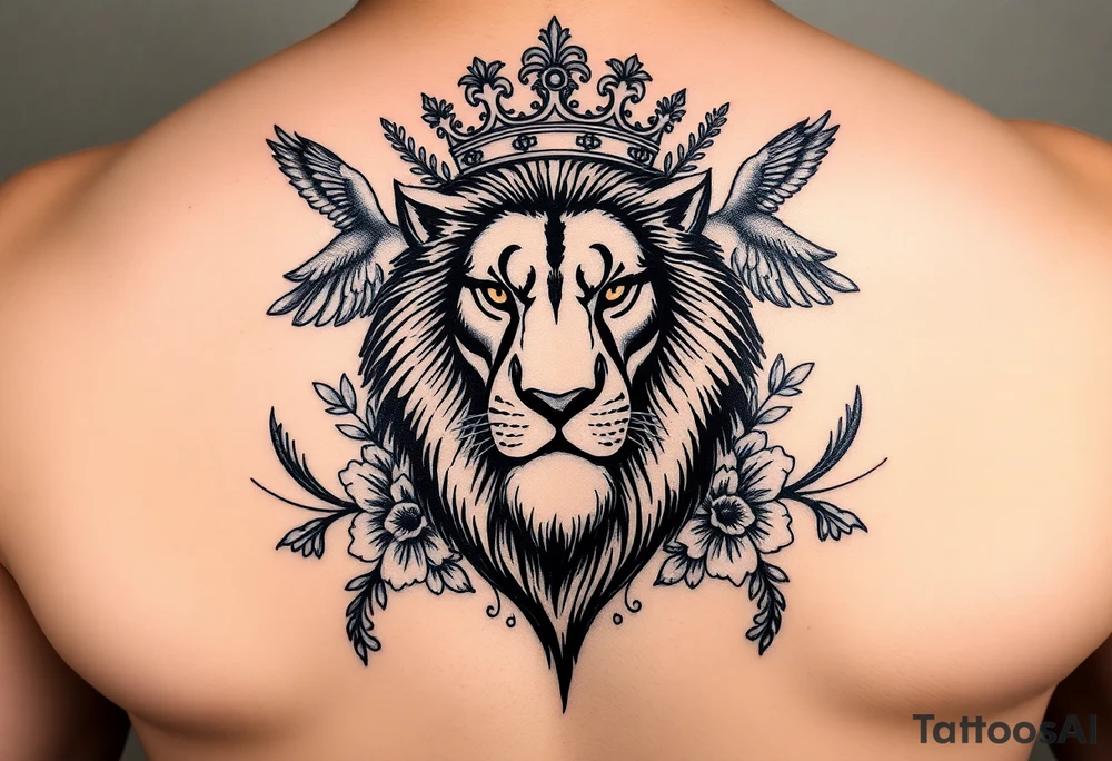 powerful majestic lion with a crown, surrounded by floral ornaments and birds tattoo idea