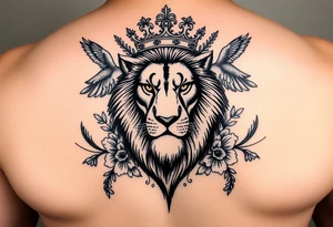 powerful majestic lion with a crown, surrounded by floral ornaments and birds tattoo idea