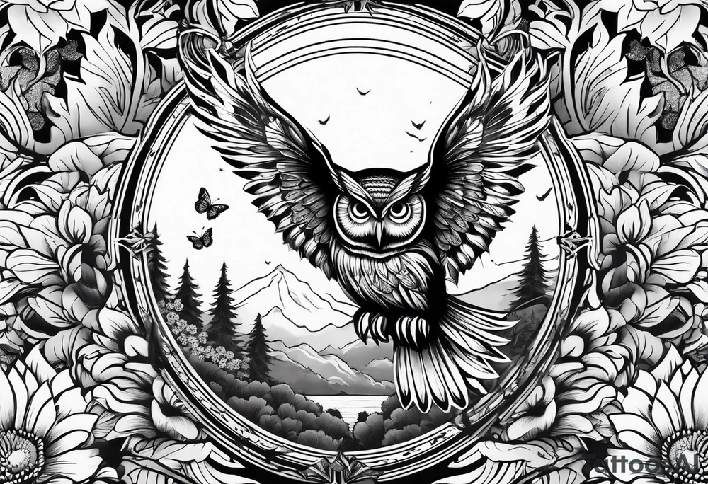 Sleeve with an owl, sunflower and butterfly tattoo idea