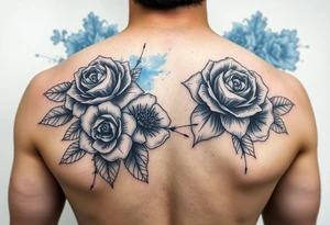 Black and white roses and carnations with blue watercolour behind tattoo idea