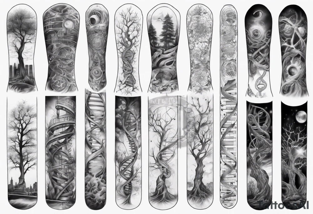 full arm sleeve tattoo combining images of DNA, science, guitar, music, tree of life, cityscape, masculine tattoo idea