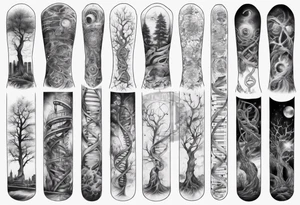 full arm sleeve tattoo combining images of DNA, science, guitar, music, tree of life, cityscape, masculine tattoo idea