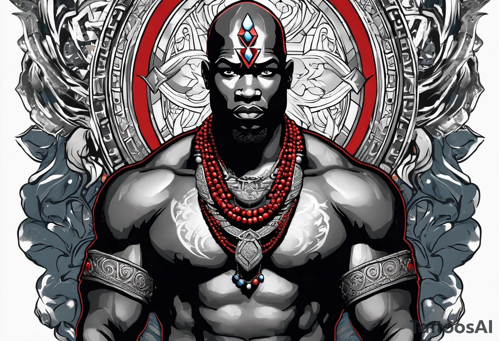 Black-skinned bald african god of war. He has a silver crown. He wears two simple necklaces: one blue, other red. Looking front tattoo idea