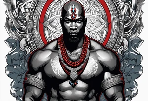 Black-skinned bald african god of war. He has a silver crown. He wears two simple necklaces: one blue, other red. Looking front tattoo idea