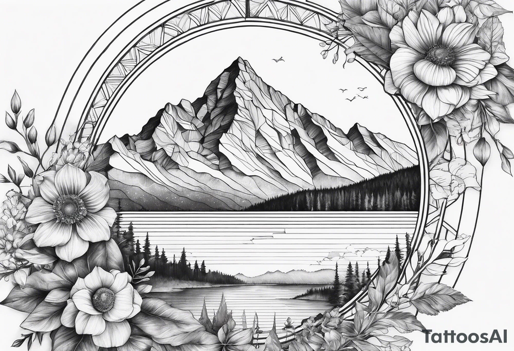 the Fibonacci Sequence. Based on the last image produced, replace the left side of the image with the Rocky Mountains that drops into a triangular point. Remove the flora theme tattoo idea