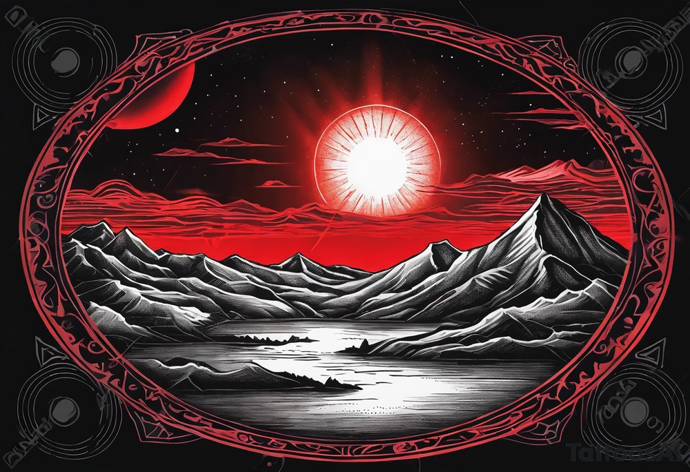 black solar eclipse with red light shining behind it, dark fantasy landscape tattoo idea