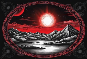 black solar eclipse with red light shining behind it, dark fantasy landscape tattoo idea
