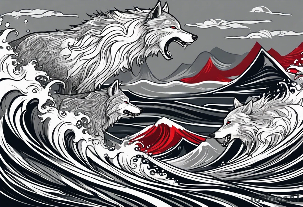 a pack of howling muscular  gray wolves surfing waves with a linear background with red, white and black and gray tattoo idea