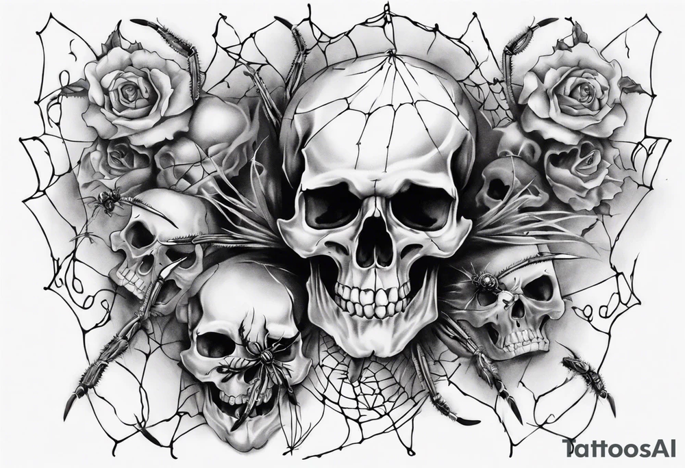 Black skull sleeve tattoo with skulls and spiders tattoo idea