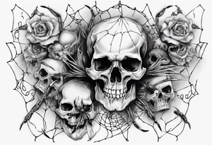 Black skull sleeve tattoo with skulls and spiders tattoo idea