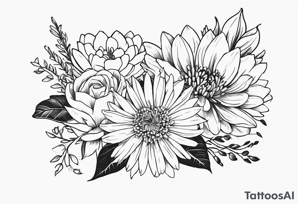 Asters, roses, Lillies, chrysanthemums in a line tattoo idea