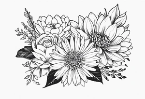 Asters, roses, Lillies, chrysanthemums in a line tattoo idea