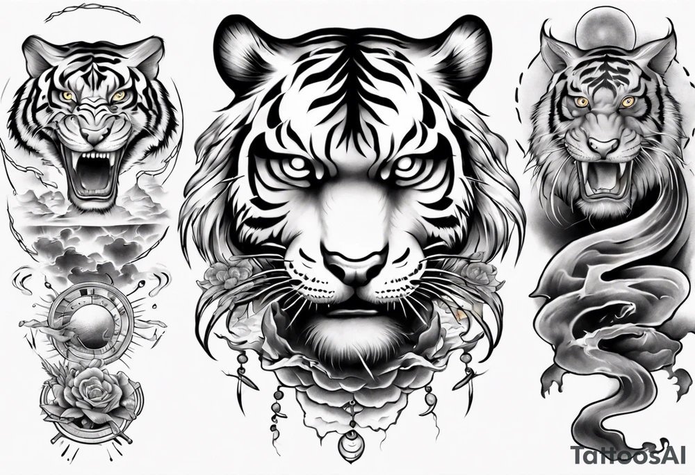 Tiger sleeve tattoo with lightning and the sun tattoo idea