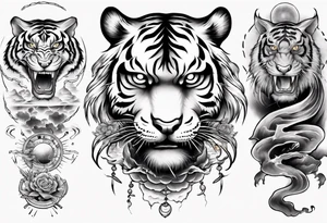 Tiger sleeve tattoo with lightning and the sun tattoo idea