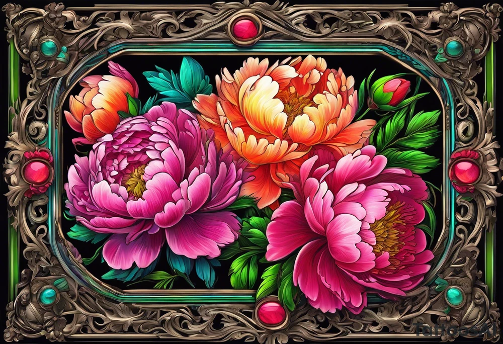 neon colorful peonies,neon colored, surrounding on the outside of a empty beautiful intricate rounded victorian style empty picture frame with filigree tattoo idea