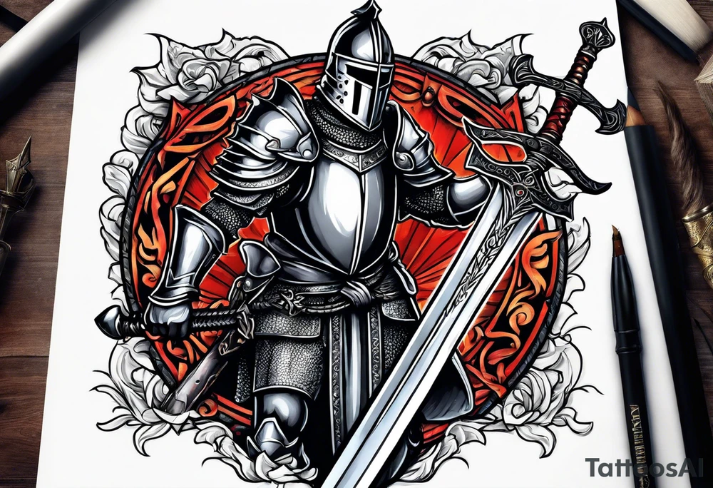 a knight pulling a sword out of the bible tattoo idea