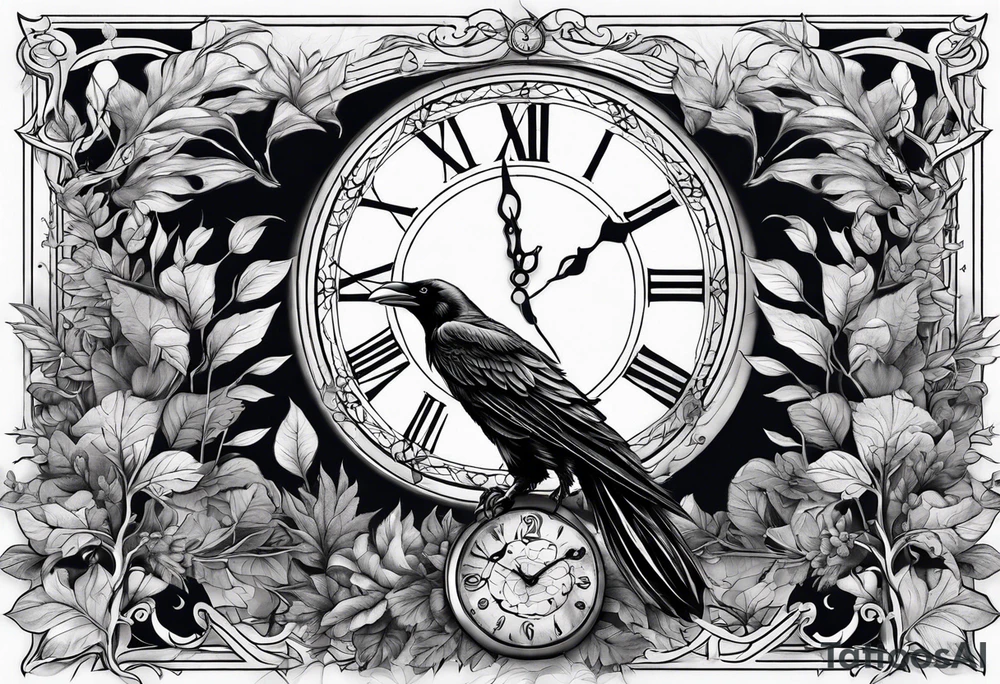 full sleeve tattoo with water, ravens, clocks, trees tattoo idea full sleeve tattoo with water, ravens, clocks, trees tattoo idea