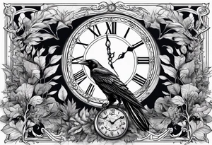 full sleeve tattoo with water, ravens, clocks, trees tattoo idea