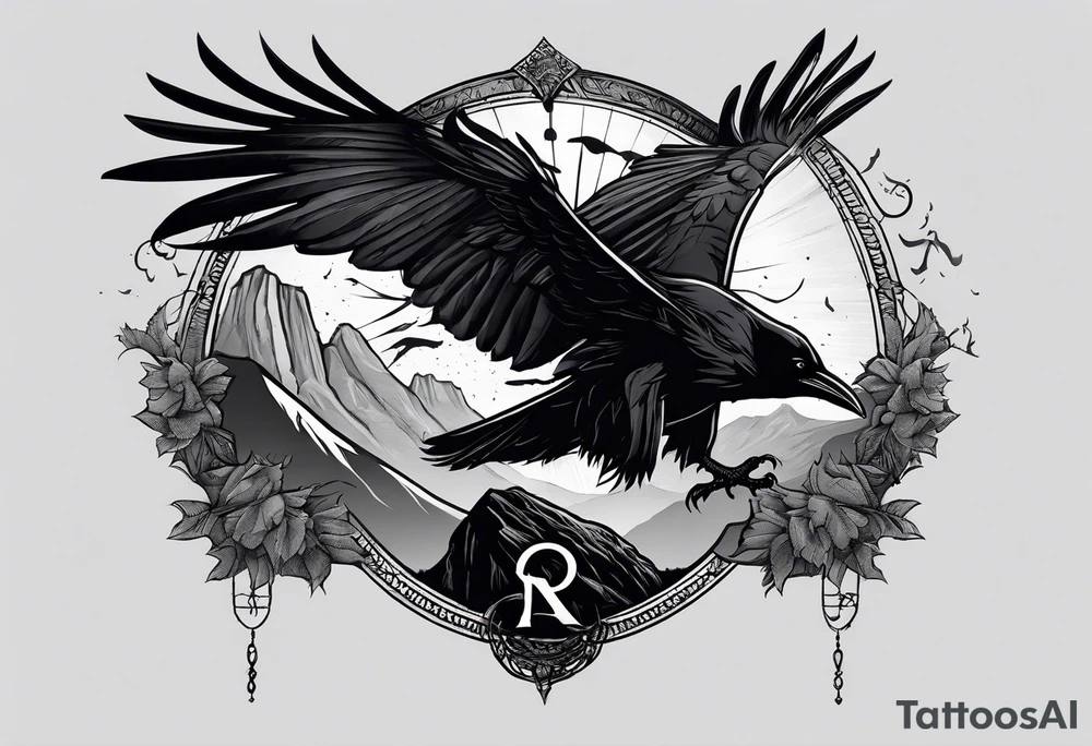 raven landing on a rock with the roman numeral seven and the text Omnia Urunt inscribed on it. tattoo idea