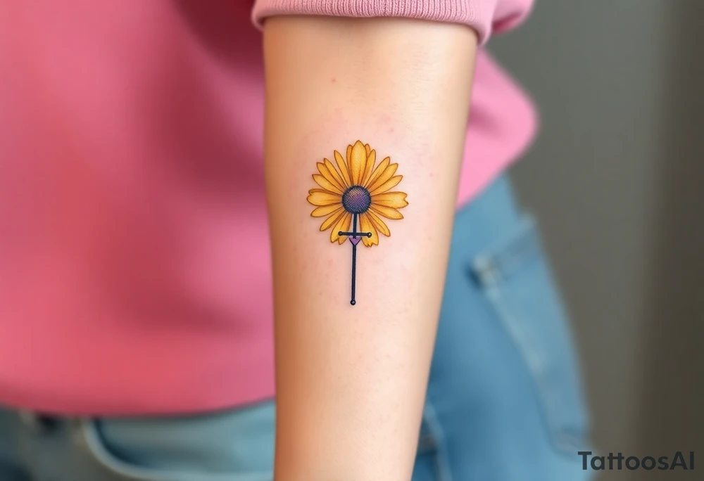 Simple yellow daisy with Purple Hearts & cross tattoo idea