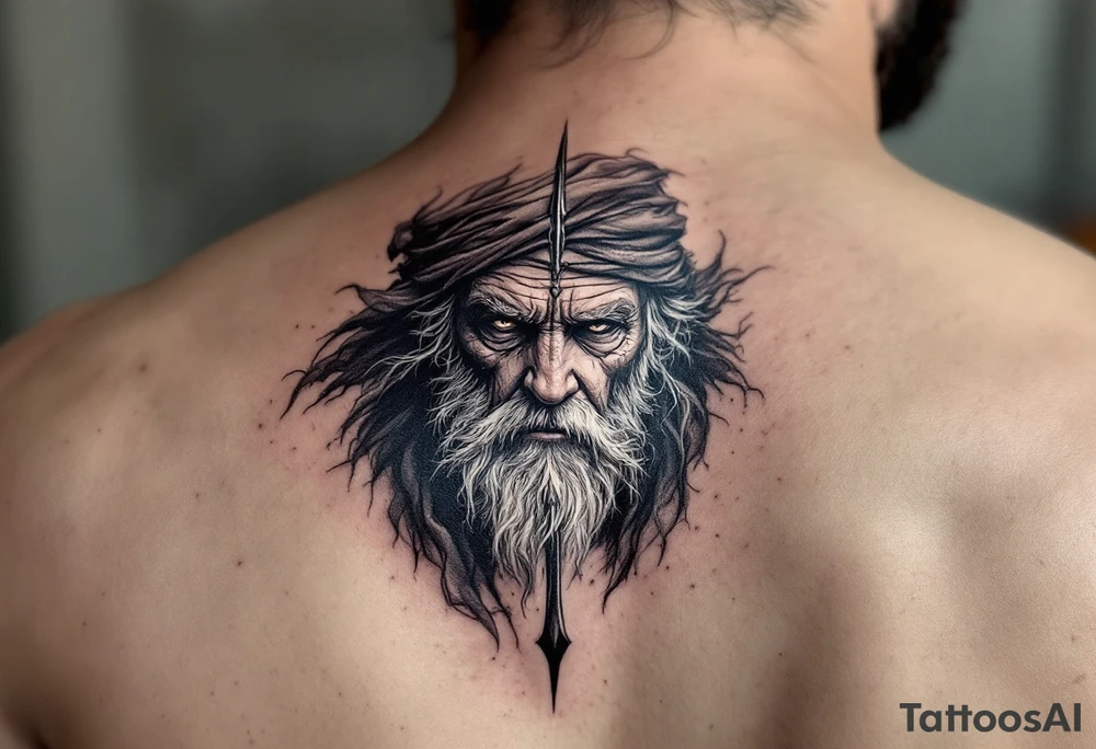 close-up old man with trident tattoo idea