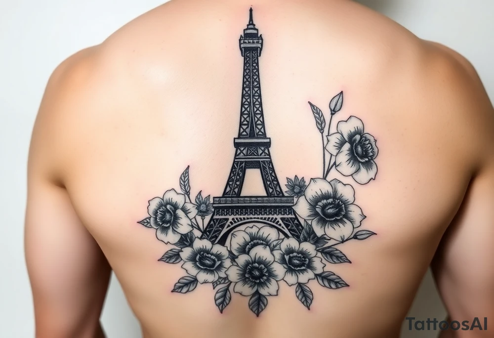 Beautiful Eiffel Tower wrapped in flowers tattoo idea