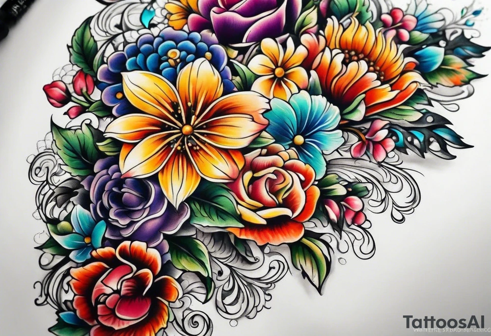 Floral leg piece with beading and lace tattoo idea. colorful, old school flowers, highly detailed, florals. white background. intricate highly detailed, tattoo idea