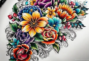 Floral leg piece with beading and lace tattoo idea. colorful, old school flowers, highly detailed, florals. white background. intricate highly detailed, tattoo idea