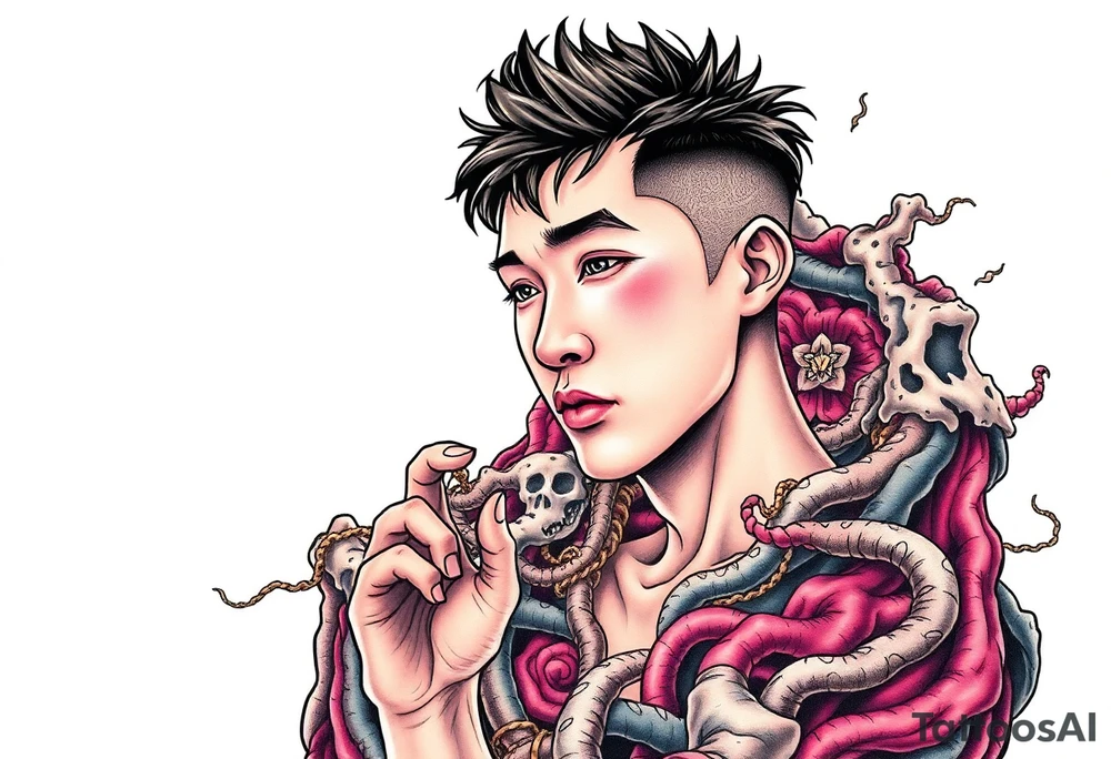 Handsome Asian young guy lost in a cursed labyrinth tattoo idea