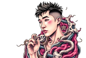 Handsome Asian young guy lost in a cursed labyrinth tattoo idea