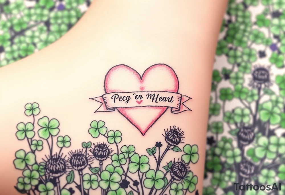 a big pale pink heart in a huge patch of green shamrocks, and a few purple thistles with a banner across the heart that says Peg 'o My Heart tattoo idea