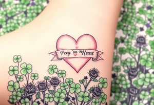 a big pale pink heart in a huge patch of green shamrocks, and a few purple thistles with a banner across the heart that says Peg 'o My Heart tattoo idea