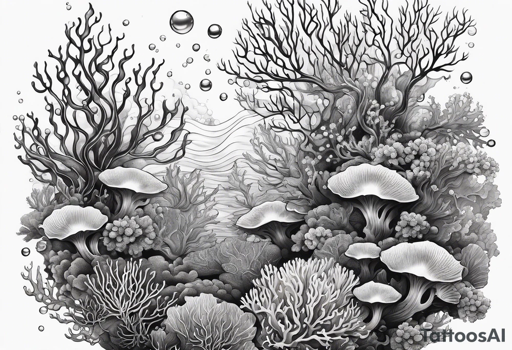 dark underwater coral reef with bubbles, flowing water lines tattoo idea