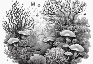 dark underwater coral reef with bubbles, flowing water lines tattoo idea