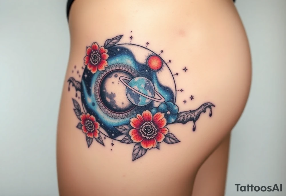 Milky way galaxy with planets with zodiac symbols and protection runes in it with red roses and sunflowers tattoo idea
