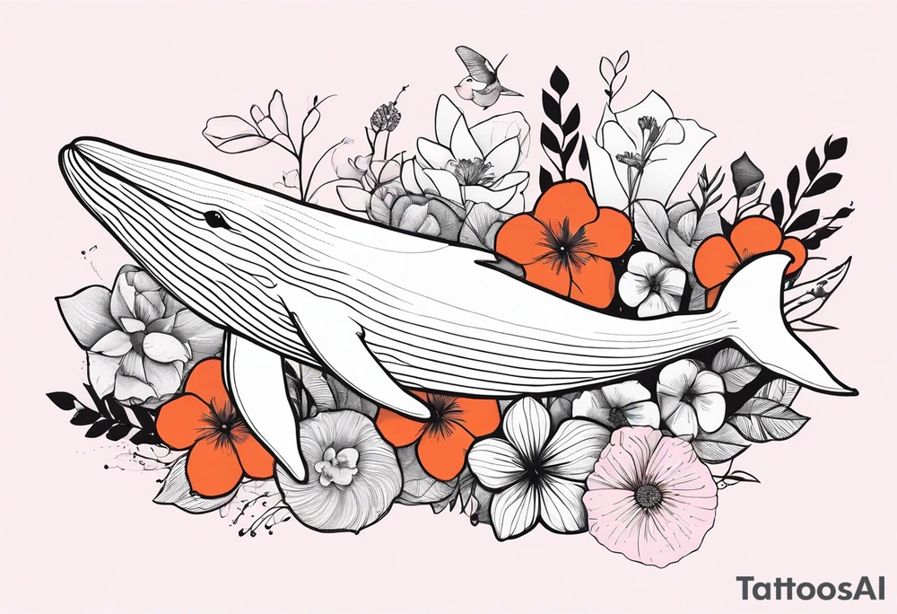 whale, hummingbird, face, flowers, bold color, collage, pink, orange, red tattoo idea