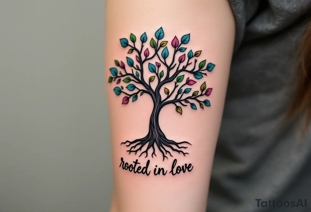 A black ink tree with leaves in shades of green, pink, and blue, with “Rooted in Love” at the base. tattoo idea