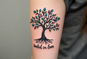 A black ink tree with leaves in shades of green, pink, and blue, with “Rooted in Love” at the base. tattoo idea