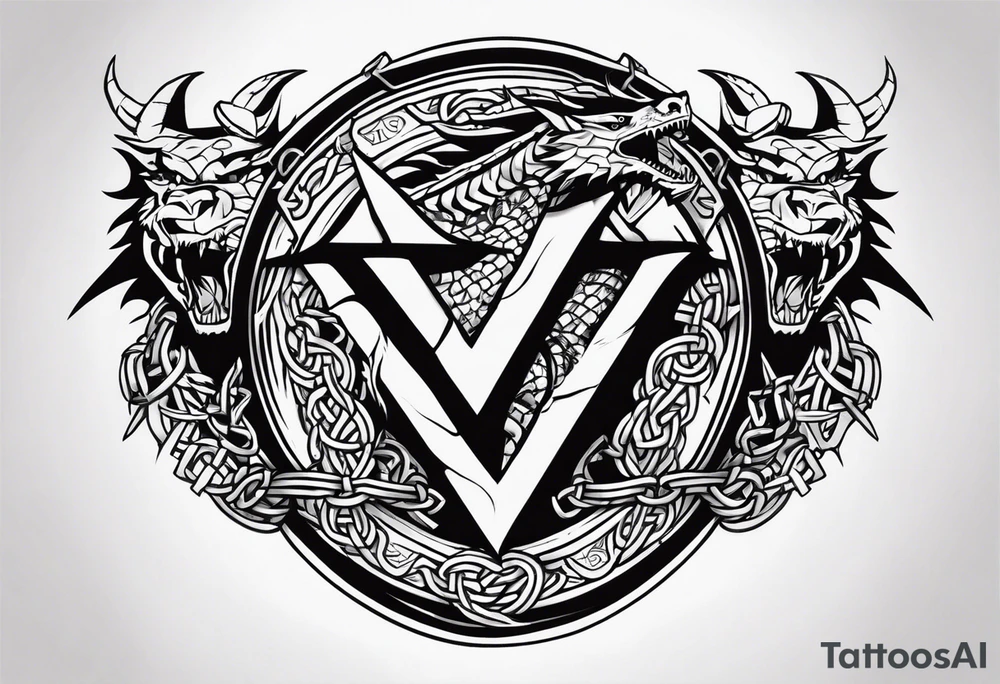 Valhalla sword shield dragon axe Valknut barbed wire chains fire tattoo idea Valhalla sword shield dragon axe Valknut barbed wire chains fire tattoo idea