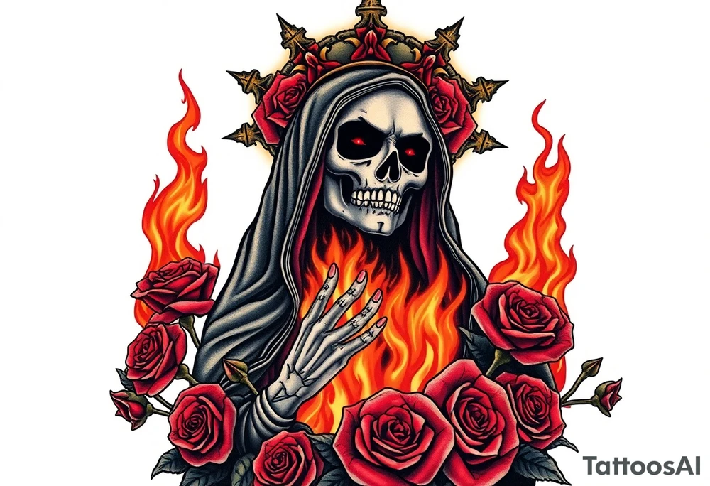 Powerful and evil Santa muerte rising from the flames and ashes of hell, surrounded by unclaimed souls and roses tattoo idea