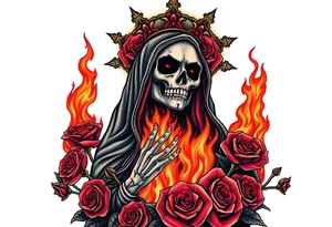 Powerful and evil Santa muerte rising from the flames and ashes of hell, surrounded by unclaimed souls and roses tattoo idea