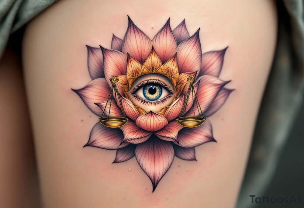 An all-seeing eye in the center of a lotus flower, surrounded by delicate golden balance scales, symbolizing karmic awareness and justice. tattoo idea