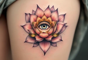 An all-seeing eye in the center of a lotus flower, surrounded by delicate golden balance scales, symbolizing karmic awareness and justice. tattoo idea