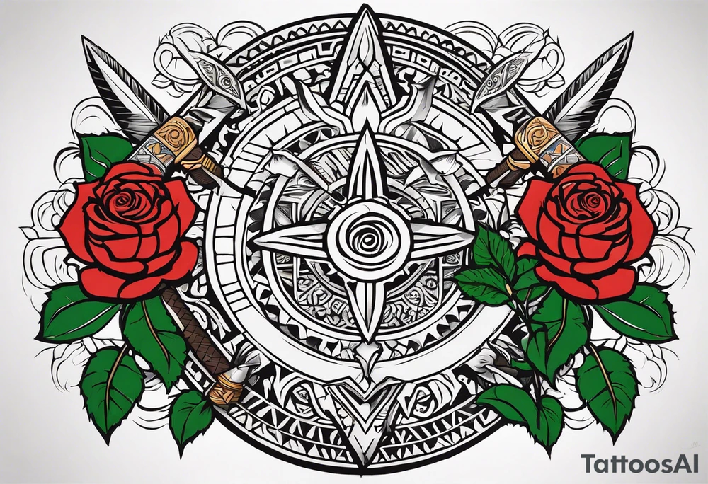 Design a masculine tattoo depicting three delicate rose buds being embraced and protected by a pile of Aztec weapons. The weapons should include elements such as the macuahuitl (Aztec sword-club), obsidian blades, and shields, arranged in a way that forms a protective circle or embrace around the roses. Carve the entire image as if it were a stone sculpture by an ancient Aztec artist, with the texture resembling intricately detailed stone carvings. The roses should be slightly softer but still stylized in stone, giving the entire tattoo a powerful, yet artistic and ancient feel. Use bold, sharp lines to capture the essence of Aztec craftsmanship tattoo idea